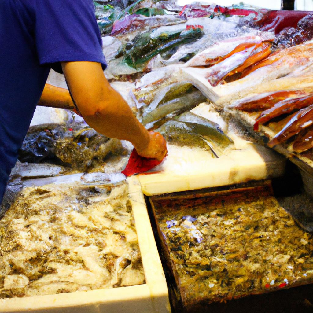 Person selecting seafood at market