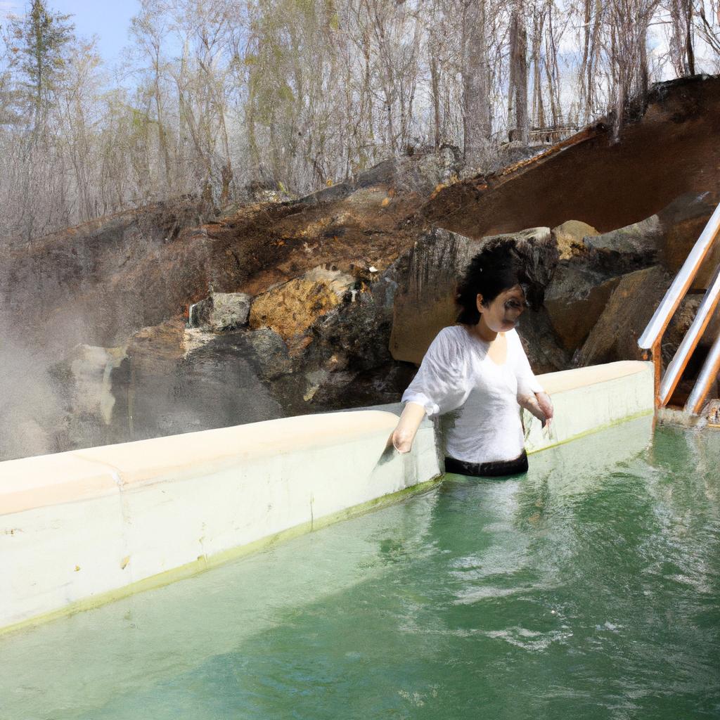 Person enjoying hot springs in Furano