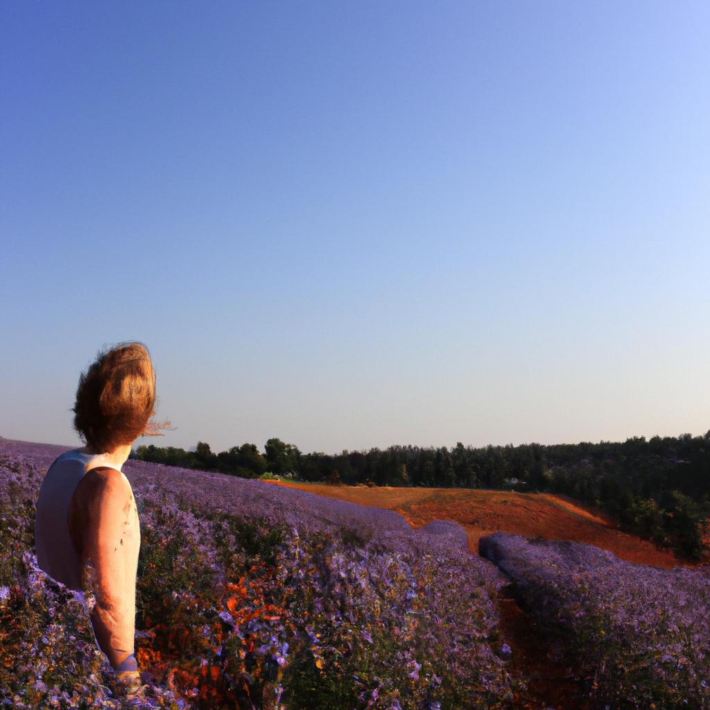 Person admiring lavender fields