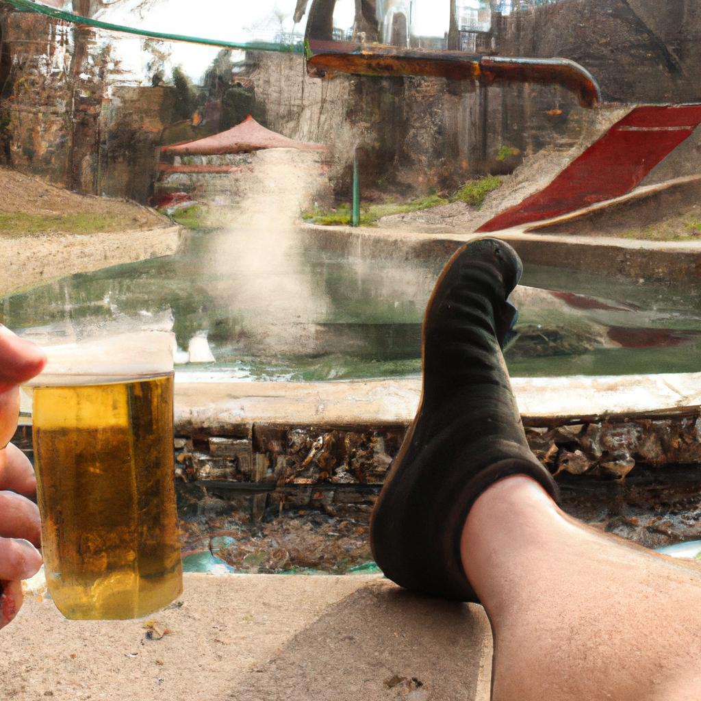 Person enjoying beer and hot springs